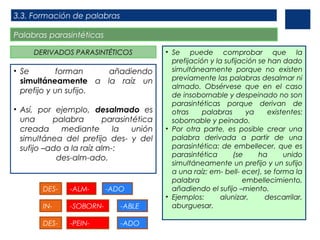 3.3. Formación de palabras
Palabras parasintéticas
DERIVADOS PARASINTÉTICOS

• Se
forman
añadiendo
simultáneamente a la raíz un
prefijo y un sufijo.
• Así, por ejemplo, desalmado es
una
palabra
parasintética
creada
mediante
la
unión
simultánea del prefijo des- y del
sufijo –ado a la raíz alm-:
des-alm-ado.

DES-

-ALM-

-ADO

IN-

-SOBORN-

-ABLE

DES-

-PEIN-

-ADO

• Se puede comprobar que la
prefijación y la sufijación se han dado
simultáneamente porque no existen
previamente las palabras desalmar ni
almado. Obsérvese que en el caso
de insobornable y despeinado no son
parasintéticas porque derivan de
otras
palabras
ya
existentes:
sobornable y peinado.
• Por otra parte, es posible crear una
palabra derivada a partir de una
parasintética: de embellecer, que es
parasintética
(se
ha
unido
simultáneamente un prefijo y un sufijo
a una raíz: em- bell- ecer), se forma la
palabra
embellecimiento,
añadiendo el sufijo –miento.
• Ejemplos:
alunizar,
descarrilar,
aburguesar.

 