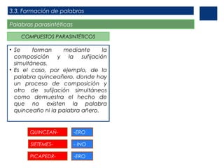 3.3. Formación de palabras
Palabras parasintéticas
COMPUESTOS PARASINTÉTICOS

• Se
forman
mediante
la
composición y la sufijación
simultáneas.
• Es el caso, por ejemplo, de la
palabra quinceañero, donde hay
un proceso de composición y
otro de sufijación simultáneos
como demuestra el hecho de
que no existen la palabra
quinceaño ni la palabra añero.

QUINCEAÑ-

-ERO

SIETEMES-

- INO

PICAPEDR-

-ERO

 
