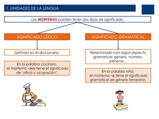 1. UNIDADES DE LA LENGUA
Los MORFEMAS pueden tener dos tipos de significado:

SIGNIFICADO LÉXICO

SIGNIFICADO GRAMATICAL

Definido en el diccionario.

Relacionado con algún aspecto
gramatical: género, número,
persona…

En la palabra cocinero,
el morfema –ero tiene el significado
de ‘oficio u ocupación’.

En la palabra niña,
el morfema –a tiene el significado
gramatical de género femenino.

 
