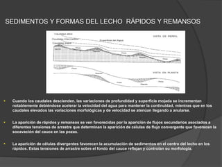 SEDIMENTOS Y FORMAS DEL LECHO RÁPIDOS Y REMANSOS
 Cuando los caudales descienden, las variaciones de profundidad y superficie mojada se incrementan
notablemente debiéndose acelerar la velocidad del agua para mantener la continuidad, mientras que en los
caudales elevados las variaciones morfológicas y de velocidad se atenúan llegando a anularse.
 La aparición de rápidos y remansos se ven favorecidas por la aparición de flujos secundarios asociados a
diferentes tensiones de arrastre que determinan la aparición de células de flujo convergente que favorecen la
socavación del cauce en las pozas.
 La aparición de células divergentes favorecen la acumulación de sedimentos en el centro del lecho en los
rápidos. Estas tensiones de arrastre sobre el fondo del cauce reflejan y controlan su morfología.
 