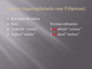  Exemplo de infixo
 Raiz Formas infixadas
 Takbuh “correr” tumakbuh “correu”
 Lakad “andar” lumakad “andou”
 