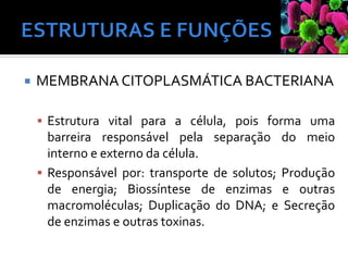  MEMBRANA CITOPLASMÁTICA BACTERIANA
▪ Estrutura vital para a célula, pois forma uma
barreira responsável pela separação do meio
interno e externo da célula.
▪ Responsável por: transporte de solutos; Produção
de energia; Biossíntese de enzimas e outras
macromoléculas; Duplicação do DNA; e Secreção
de enzimas e outras toxinas.
 