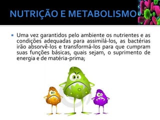  Uma vez garantidos pelo ambiente os nutrientes e as
condições adequadas para assimilá-los, as bactérias
irão absorvê-los e transformá-los para que cumpram
suas funções básicas, quais sejam, o suprimento de
energia e de matéria-prima;
 