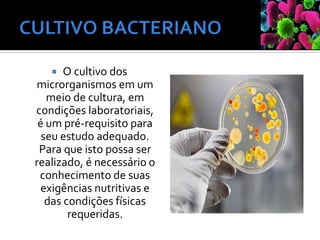  O cultivo dos
microrganismos em um
meio de cultura, em
condições laboratoriais,
é um pré-requisito para
seu estudo adequado.
Para que isto possa ser
realizado, é necessário o
conhecimento de suas
exigências nutritivas e
das condições físicas
requeridas.
 