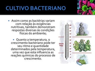  Assim como as bactérias variam
com relação às exigências
nutritivas, também demonstram
respostas diversas às condições
físicas do ambiente;
 Quanto a temperatura, o
crescimento bacteriano pode ter
seu ritmo e quantidade
determinados pela temperatura,
uma vez que esta influencia as
reações químicas do processo de
crescimento.
 
