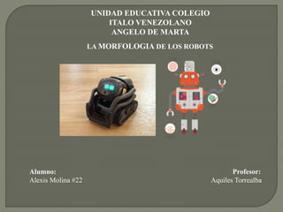 LA MORFOLOGIA DE LOS ROBOTS
Alumno: Profesor:
Alexis Molina #22 Aquiles Torrealba
UNIDAD EDUCATIVA COLEGIO
ITALO VENEZOLANO
ANGELO DE MARTA
 