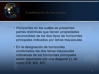 16
Combinación de horizontes
• Horizontes en los cuales se presentan
partes distintivas que tienen propiedades
reconocibles de los dos tipos de horizontes
principales indicados por letras mayúsculas.
• En la designación de horizontes
combinados las dos letras mayúsculas
indicativas de los horizontes principales
están separadas por una diagonal (/), tal
como E/B, B/E, B/C.
 