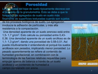 Porosidad
6
La porosidad del tope de suelo típicamente decrece con
el aumento de la granulometria. Esto se debe a que la
formación de agregados de suelo en suelo más
finamente de superficies texturadas cuando son sujetos
de los procesos biológicos de suelo. La agregación
involucra la adhesión de partículas, y más alta
resistencia a la compactación.
Una densidad aparente de un suelo arenoso está entre
1,5- 1,7 g/cm3. Esto calcula su porosidad entre 0,43-
0,36. Una densidad aparente de un suelo arcilloso es de
1,1- 1,3 g/cm3, dando una porosidad de 0,58-0,51. Así
puede intuitivamente ir entendiendo el porqué los suelos
arcillosos son pesados, implicando menor porosidad. Lo
pesado aparentemente se refiere al contenido de
humedad gravitacional, en combinación con la
terminología de las fuerzas relativas requeridas para
empujar aperos de balanza a través de un suelo
arcilloso y un contenido de humedad a
campo comparado con arena.
 