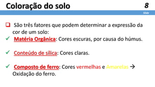 8
Slide
Coloração do solo
 São três fatores que podem determinar a expressão da
cor de um solo:
 Matéria Orgânica: Cores escuras, por causa do húmus.
 Conteúdo de sílica: Cores claras.
 Composto de ferro: Cores vermelhas e Amarelas 
Oxidação do ferro.
 