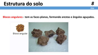 Blocos angulares - tem as faces planas, formando arestas e ângulos aguçados.
8
Slide
Estrutura do solo
 