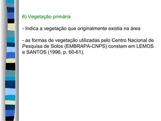 6) Vegetação primária
- Indica a vegetação que originalmente existia na área
- as formas de vegetação utilizadas pelo Centro Nacional de
Pesquisa de Solos (EMBRAPA-CNPS) constam em LEMOS
e SANTOS (1996, p. 60-61).
 