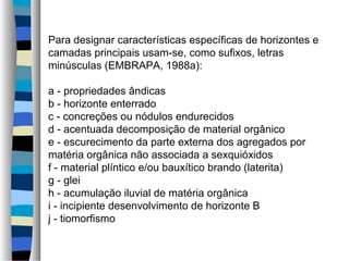 Para designar características específicas de horizontes e
camadas principais usam-se, como sufixos, letras
minúsculas (EMBRAPA, 1988a):
a - propriedades ândicas
b - horizonte enterrado
c - concreções ou nódulos endurecidos
d - acentuada decomposição de material orgânico
e - escurecimento da parte externa dos agregados por
matéria orgânica não associada a sexquióxidos
f - material plíntico e/ou bauxítico brando (laterita)
g - glei
h - acumulação iluvial de matéria orgânica
i - incipiente desenvolvimento de horizonte B
j - tiomorfismo
 