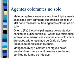 Agentes colorantes no solo
Matéria orgânica escurece o solo e é tipicamente
associada com camadas superficiais do solo. A
MO pode mascarar outros agentes colorantes do
solo.
O ferro (Fe) é o principal agente colorante dos
horizontes subsuperficiais. Cores avermelhadas,
laranjadas e marrons associadas com solos bem
drenados são o resultado de óxido de ferro
recobrindo partículas individuais.
Manganês (Mn) é comum em alguns solos,
resultando em cores muito escuras em todo o
perfil ou na forma de nódulos.
 