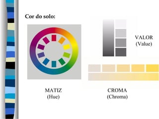 Cor do solo:
MATIZ
(Hue)
VALOR
(Value)
CROMA
(Chroma)
 