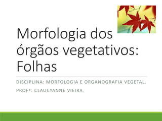Morfologia dos 
órgãos vegetativos: 
Folhas 
DISCIPLINA: MORFOLOGIA E ORGANOGRAFIA VEGETAL. 
PROFª: CLAUCYANNE VIEIRA. 
 