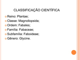 CLASSIFICAÇÃO CIENTÍFICA
 Reino: Plantae;
 Classe: Magnoliopsida;
 Ordem: Fabales;
 Família: Fabaceae;
 Subfamília: Faboideae;
 Gênero: Glycine.
 