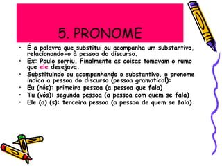 5. PRONOME
• É a palavra que substitui ou acompanha um substantivo,
relacionando-o à pessoa do discurso.
• Ex: Paulo sorriu. Finalmente as coisas tomavam o rumo
que ele desejava.
• Substituindo ou acompanhando o substantivo, o pronome
indica a pessoa do discurso (pessoa gramatical):
• Eu (nós): primeira pessoa (a pessoa que fala)
• Tu (vós): segunda pessoa (a pessoa com quem se fala)
• Ele (a) (s): terceira pessoa (a pessoa de quem se fala)
 