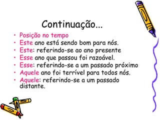 Continuação...
• Posição no tempo
• Este ano está sendo bom para nós.
• Este: referindo-se ao ano presente
• Esse ano que passou foi razoável.
• Esse: referindo-se a um passado próximo
• Aquele ano foi terrível para todos nós.
• Aquele: referindo-se a um passado
distante.
 