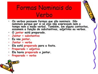 Formas Nominais do
Verbo
• Os verbos possuem formas que são nominais. São
nominais porque por si só elas não expressam nem o
tempo nem o modo verbal. Também, em alguns contextos,
assumem a função de substantivos, adjetivos ou verbos.
• O jantar está preparado.
• Jantar = substantivo
• Eu vou jantar.
• Jantar = verbo
• Ela está preparada para a festa.
• Preparada = adjetivo
• Ela havia preparado o jantar.
• Preparado = verbo
 