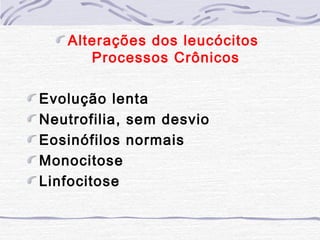 Alterações dos leucócitos
      Processos Crônicos

Evolução lenta
Neutrofilia, sem desvio
Eosinófilos normais
Monocitose
Linfocitose
 