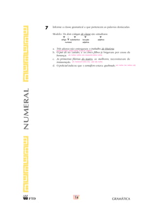 GRAMÁTICA
14
NUMERAL 7 Informe a classe gramatical a que pertencem as palavras destacadas.
Modelo: Os dois colegas de classe são estudiosos.
artigo substantivo locução adjetivo
numeral adjetiva
a. Três alunos não entregaram o trabalho de História.
b. O pai ali no caixão, e os cinco filhos já brigavam por causa da
herança.
c. As primeiras fileiras do teatro, as melhores, necessitavam de
restauração.
d. O policial indicou que o semáforo estava quebrado.
▲
▲ ▲ ▲ ▲
numeral/subst./artigo/subst./locução adjetiva
art./subst./subst./art./numeral/subst./subst.
art./numeral/subst./loc. adj./adj./subst.
art./subst./art./subst./adj.
 