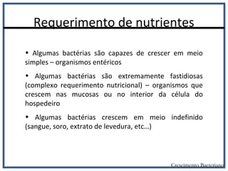 Requerimento de nutrientes
Crescimento Bacteriano
• Algumas bactérias são capazes de crescer em meio
simples – organismos entéricos
• Algumas bactérias são extremamente fastidiosas
(complexo requerimento nutricional) – organismos que
crescem nas mucosas ou no interior da célula do
hospedeiro
• Algumas bactérias crescem em meio indefinido
(sangue, soro, extrato de levedura, etc…)
 