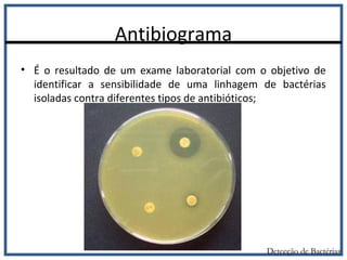 Antibiograma
• É o resultado de um exame laboratorial com o objetivo de
identificar a sensibilidade de uma linhagem de bactérias
isoladas contra diferentes tipos de antibióticos;
Detecção de Bactérias
 