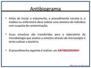 Antibiograma
Detecção de Bactérias
• Antes de iniciar o tratamento, o procedimento correto é, o
médico ou enfermeiro deve coletar uma amostra do indivíduo
com suspeita de contaminação;
• Essas amostras são transferidas para o laboratório de
microbiologia que analisa a amostra através do microscópio e
tenta cultivar a bactéria.
• O procedimento seguinte é realizar um ANTIBIOGRAMA!
 