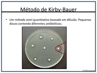 Método de Kirby-Bauer
Antibiograma
• Um método semi-quantitativo baseado em difusão. Pequenos
discos contendo diferentes antibióticos;
 