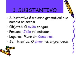 1. SUBSTANTIVO
• Substantivo é a classe gramatical que
nomeia os seres:
• Objetos: O avião chegou.
• Pessoas: João vai estudar.
• Lugares: Moro em Campinas.
• Sentimentos: O amor nos engrandece.
 