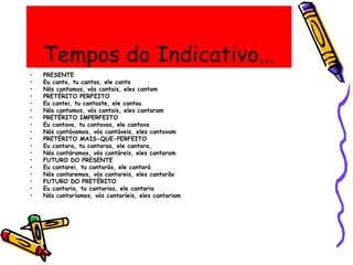 Tempos do Indicativo...
• PRESENTE
• Eu canto, tu cantas, ele canta
• Nós cantamos, vós cantais, eles cantam
• PRETÉRITO PERFEITO
• Eu cantei, tu cantaste, ele cantou
• Nós cantamos, vós cantais, eles cantaram
• PRETÉRITO IMPERFEITO
• Eu cantava, tu cantavas, ele cantava
• Nós cantávamos, vós cantáveis, eles cantavam
• PRETÉRITO MAIS-QUE-PERFEITO
• Eu cantara, tu cantaras, ele cantara,
• Nós cantáramos, vós cantáreis, eles cantaram
• FUTURO DO PRESENTE
• Eu cantarei, tu cantarás, ele cantará
• Nós cantaremos, vós cantareis, eles cantarão
• FUTURO DO PRETÉRITO
• Eu cantaria, tu cantarias, ele cantaria
• Nós cantaríamos, vós cantaríeis, eles cantariam
 