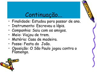Continuação...
• Finalidade: Estudou para passar de ano.
• Instrumento: Escreveu a lápis.
• Companhia: Saiu com os amigos.
• Meio: Viajou de trem.
• Matéria: Casa de madeira.
• Posse: Festa do João.
• Oposição: O São Paulo jogou contra o
Flamengo.
 