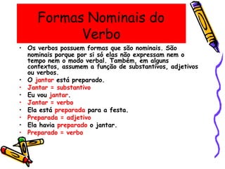 Formas Nominais do
Verbo
• Os verbos possuem formas que são nominais. São
nominais porque por si só elas não expressam nem o
tempo nem o modo verbal. Também, em alguns
contextos, assumem a função de substantivos, adjetivos
ou verbos.
• O jantar está preparado.
• Jantar = substantivo
• Eu vou jantar.
• Jantar = verbo
• Ela está preparada para a festa.
• Preparada = adjetivo
• Ela havia preparado o jantar.
• Preparado = verbo
 