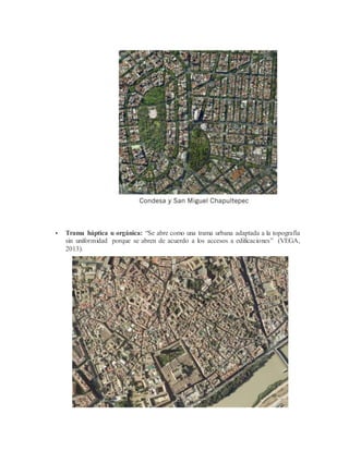  Trama háptica u orgánica: “Se abre como una trama urbana adaptada a la topografía
sin uniformidad porque se abren de acuerdo a los accesos a edificaciones” (VEGA,
2013).
 