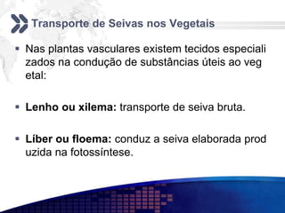 Transporte de Seivas nos Vegetais
 Nas plantas vasculares existem tecidos especiali
zados na condução de substâncias úteis ao veg
etal:
 Lenho ou xilema: transporte de seiva bruta.
 Líber ou floema: conduz a seiva elaborada prod
uzida na fotossíntese.
 