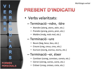 Verbs velaritzats: Terminació –ndre, -ldre Atendre (aten c , atens, atén, etc.) Prendre (pren c , prens, pren, etc.) Moldre (mol c , mols mol, etc.) Terminació –ure Beure (be c , beus, beu, etc.) Creure (cre c , creus, creu, etc.) Escriure (escri c , escrius, escriu, etc.) Terminació –er, éixer Conèixer (cone c , coneixes, coneix, etc.) Córrer (córre c , corres, corre, etc.)  Créixer (cres c , creixes, creix, etc.)  Morfologia verbal 