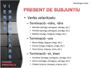 Verbs velaritzats: Terminació –ndre, -ldre Atendre (atenga, atengues, atenga, etc.) Prendre (prenga, prengues, prenga, etc.) Moldre (molga, molgues molga, etc.) Terminació –ure Beure (bega, begues, bega, etc.) Creure (crega, cregues, crega, etc.) Viure (visca, visques, visca, etc.) Terminació –er, éixer Conèixer (conega, conegues, conega, etc.) Córrer (córrega, córregues, córrega, etc.)  Créixer (cresca, cresques, cresca, etc.)  Morfologia verbal 