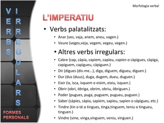 Verbs palatalitzats: Anar (ves, vaja, anem, aneu, vagen.) Veure (veges,veja, vegem, vegeu, vegen.) Altres verbs irregulars: Cabre (cap, càpia, capiem, capieu, capien o càpigues, càpiga, capiguem, capigueu, càpiguen.) Dir (digues (dis-me...), diga, diguem, digueu, diguen.) Dur (dus (duus), duga, dugem, dueu, duguen.) Eixir (ix, isca, isquem o eixim, eixiu, isquen.) Obrir (obri, òbriga, obrim, obriu, òbriguen.) Poder (pugues, puga, puguem, pugueu, puguen.) Saber (sàpies, sàpia, sapiem, sapieu, sapien o sàpigues, etc.) Tindre (tin o té o tingues, tinga,tinguem, teniu o tingueu, tinguen.) Vindre (vine, vinga,vinguem, veniu, vinguen.) Morfologia verbal 