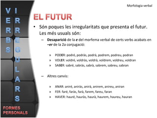 Són poques les irregularitats que presenta el futur. Les més usuals són: Desaparició  de la  e  del morfema verbal de certs verbs acabats en  –er  de la 2a conjugació: POD E R: podré, podràs, podrà, podrem, podreu, podran VOL E R: voldré, voldràs, voldrà, voldrem, voldreu, voldran SAB E R: sabré, sabràs, sabrà, sabrem, sabreu, sabran Altres canvis: ANAR: aniré, aniràs, anirà, anirem, anireu, aniran FER: faré, faràs, farà, farem, fareu, faran HAVER: hauré, hauràs, haurà, haurem, haureu, hauran Morfologia verbal 