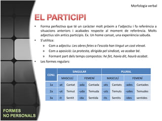 Forma perfectiva que té un caràcter molt pròxim a l’adjectiu i fa referència a situacions anteriors i acabades respecte al moment de referència. Molts adjectius són antics participis. Ex. Un home cansat, una experiència sabuda. S’utilitza: Com a adjectiu:  Les obres fetes a l’escola han tingut un cost elevat . Com a aposició:  La protesta, dirigida pel sindicat, va acabar bé. Formant part dels temps compostos:  he fet, havia dit, haurà acabat . Les formes regulars: Morfologia verbal CONJ. SINGULAR PLURAL MASCULÍ FEMENÍ MASCULÍ FEMENÍ 1a -at Cantat -ada Cantada -ats Cantats -ades Cantades 2a -ut Temut -uda Temuda -uts Temuts -udes Temudes 3a -it Sentit -ida Sentida -its Sentits -ides sentides 