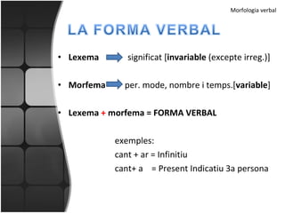 Morfologia verbal Lexema     significat [ invariable  (excepte irreg.)] Morfema   per. mode, nombre i temps.[ variable ] Lexema  +  morfema = FORMA VERBAL exemples: cant + ar = Infinitiu cant+ a  = Present Indicatiu 3a persona 