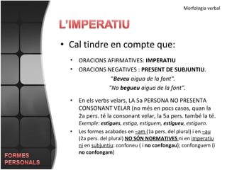 Cal tindre en compte que: Morfologia verbal ORACIONS AFIRMATIVES:  IMPERATIU ORACIONS NEGATIVES :  PRESENT DE SUBJUNTIU . " Beveu  aigua de la font". "No  begueu  aigua de la font". En els verbs velars, LA 5a PERSONA NO PRESENTA CONSONANT VELAR (no més en pocs casos, quan la 2a pers. té la consonant velar, la 5a pers. també la té.  Exemple:  estigues , estiga, estiguem,  estigueu , estiguen. Les formes acabades en  –am  (1a pers. del plural) i en  –au  (2a pers. del plural)  NO SÓN NORMATIVES  ni en  imperatiu   ni  en  subjuntiu : confoneu ( i  no confongau ); confonguem (i  no confongam ) 