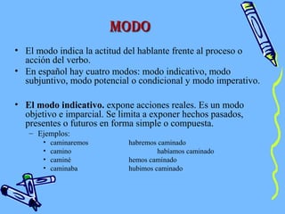 ModoModo
• El modo indica la actitud del hablante frente al proceso o
acción del verbo.
• En español hay cuatro modos: modo indicativo, modo
subjuntivo, modo potencial o condicional y modo imperativo.
• El modo indicativo. expone acciones reales. Es un modo
objetivo e imparcial. Se limita a exponer hechos pasados,
presentes o futuros en forma simple o compuesta.
– Ejemplos:
• caminaremos habremos caminado
• camino habíamos caminado
• caminé hemos caminado
• caminaba hubimos caminado
 