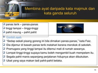 Membina ayat daripada kata majmuk dan
                            kata ganda seluruh

 panas terik – panas-panas
 tinggi lampai – tinggi-tinggi
 pahit maung – pahit pahit
   Contoh ayat.
   “Sedap sekali pisang goreng ini bila dimakan panas-panas,” kata Faiz.
   Dia dijemur di bawah panas terik matahari kerana merokok di sekolah.
   Pramugara yang tinggi lampai itu ditemui mati di rumah sewanya.
   Lompat tinggi-tinggi supaya kamu boleh mengambil buah mempelam itu.
   Segala pahit manis sepanjang perjalanan hidupnya akan dibukukan.
   Ubat yang saya makan tadi pahit-pahit belaka.


                                                                            10
 