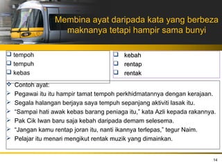Membina ayat daripada kata yang berbeza
                    maknanya tetapi hampir sama bunyi

 tempoh                               kebah
 tempuh                               rentap
 kebas                                rentak
   Contoh ayat:
   Pegawai itu itu hampir tamat tempoh perkhidmatannya dengan kerajaan.
   Segala halangan berjaya saya tempuh sepanjang aktiviti lasak itu.
   “Sampai hati awak kebas barang peniaga itu,” kata Azli kepada rakannya.
   Pak Cik Iwan baru saja kebah daripada demam selesema.
   “Jangan kamu rentap joran itu, nanti ikannya terlepas,” tegur Naim.
   Pelajar itu menari mengikut rentak muzik yang dimainkan.


                                                                          14
 