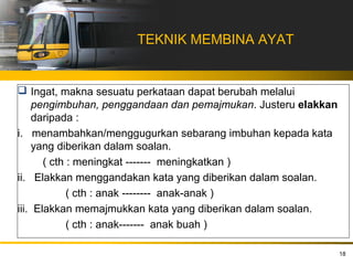 TEKNIK MEMBINA AYAT


 Ingat, makna sesuatu perkataan dapat berubah melalui
     pengimbuhan, penggandaan dan pemajmukan. Justeru elakkan
     daripada :
i. menambahkan/menggugurkan sebarang imbuhan kepada kata
     yang diberikan dalam soalan.
       ( cth : meningkat ------- meningkatkan )
ii. Elakkan menggandakan kata yang diberikan dalam soalan.
             ( cth : anak -------- anak-anak )
iii. Elakkan memajmukkan kata yang diberikan dalam soalan.
             ( cth : anak------- anak buah )

                                                                18
 