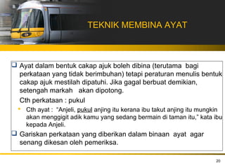 TEKNIK MEMBINA AYAT



 Ayat dalam bentuk cakap ajuk boleh dibina (terutama bagi
  perkataan yang tidak berimbuhan) tetapi peraturan menulis bentuk
  cakap ajuk mestilah dipatuhi. Jika gagal berbuat demikian,
  setengah markah akan dipotong.
  Cth perkataan : pukul
   Cth ayat : “Anjeli, pukul anjing itu kerana ibu takut anjing itu mungkin
    akan menggigit adik kamu yang sedang bermain di taman itu,” kata ibu
    kepada Anjeli.
 Gariskan perkataan yang diberikan dalam binaan ayat agar
  senang dikesan oleh pemeriksa.

                                                                         20
 