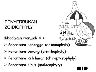 PENYERBUKAN
ZOIDIOPHYLY
dibedakan menjadi 4 :

 Perantara serangga (entomophyly)
 Perantara burung (ornithophyly)
 Perantara kelelawar (chiropterophyly)
 Perantara siput (malacophyly)

 