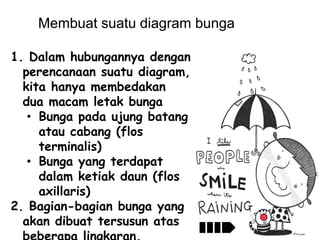 Membuat suatu diagram bunga
1. Dalam hubungannya dengan
perencanaan suatu diagram,
kita hanya membedakan
dua macam letak bunga
• Bunga pada ujung batang
atau cabang (flos
terminalis)
• Bunga yang terdapat
dalam ketiak daun (flos
axillaris)
2. Bagian-bagian bunga yang
akan dibuat tersusun atas

 
