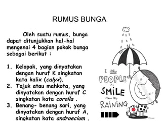 RUMUS BUNGA
Oleh suatu rumus, bunga
dapat ditunjukkan hal-hal
mengenai 4 bagian pokok bunga
sebagai berikut :
1. Kelopak, yang dinyatakan
dengan huruf K singkatan
kata kalix (calyx).
2. Tajuk atau mahkota, yang
dinyatakan dengan huruf C
singkatan kata corolla .
3. Benang- benang sari, yang
dinyatakan dengan huruf A,
singkatan kata androecium .

 